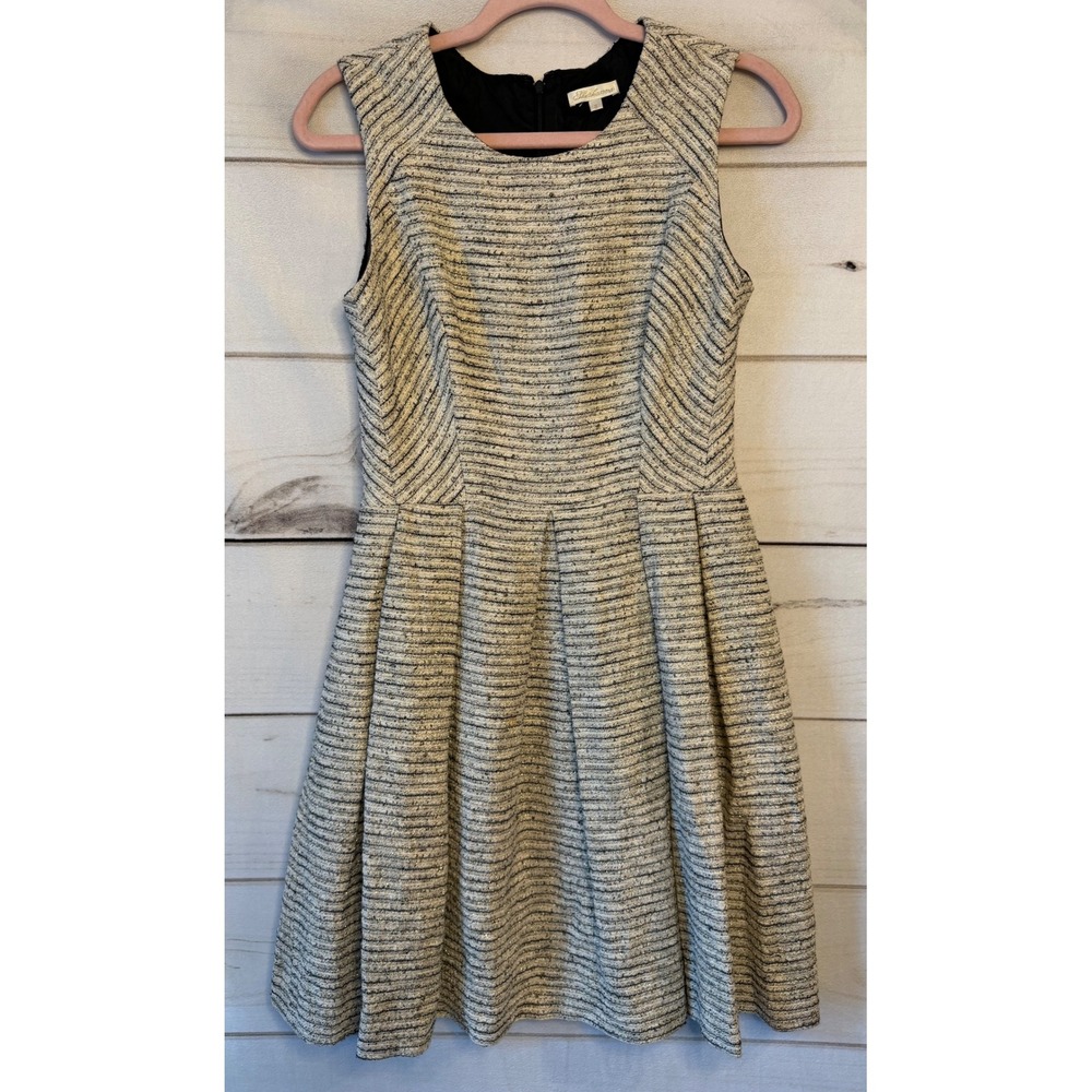 Shoshanna Cream Black Metallic Tweed Fit and Flare Pleated Dress Size 6